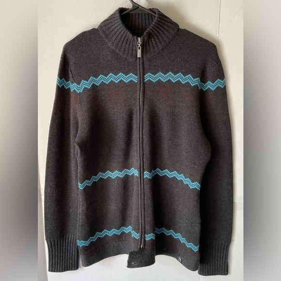 Neve woman’s  wool Zipper Cardigan gray with blue and rust geometric pattern XL - Picture 1 of 10